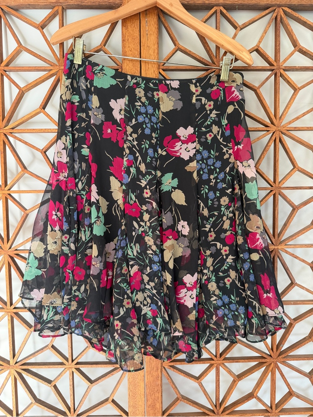 Ralph Lauren Sheer Dark Floral Skirt Size 4 EUC Black Handkerchief Flared 90s
